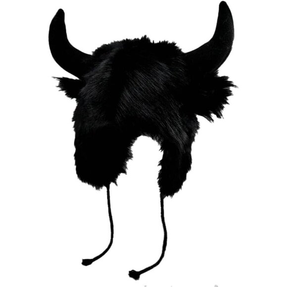 Other - Men A-black Furry Buffalo Horn Winter Hat Unisex Faux Fur Earflap Trooper Cap